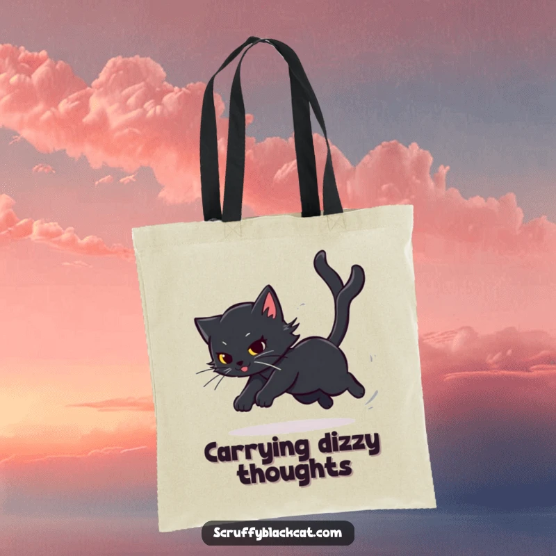 Funny Cat Tote Bag featuring a black cat in a dizzying chase after its tail, a fun and practical accessory, a great funny gift.