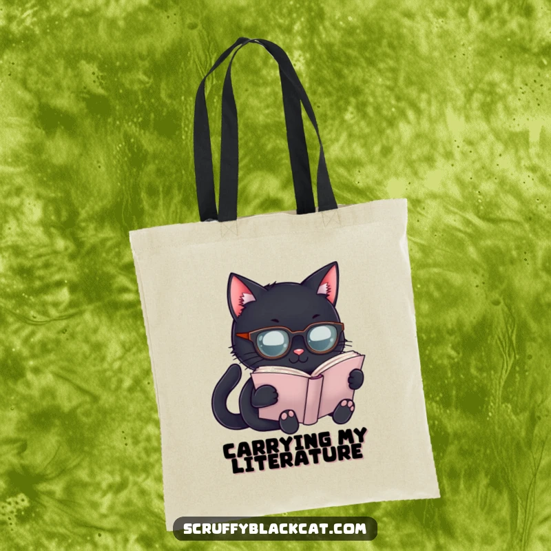 Funny Scholar Cat Tote Bag: Features a black cat in spectacles reading a book, a functional and funny gift.