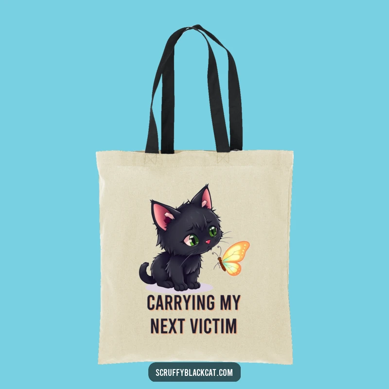 Funny Scruffy Black Cat Butterfly Tote Bag - Humorous Shopping Bag for Cat Owners