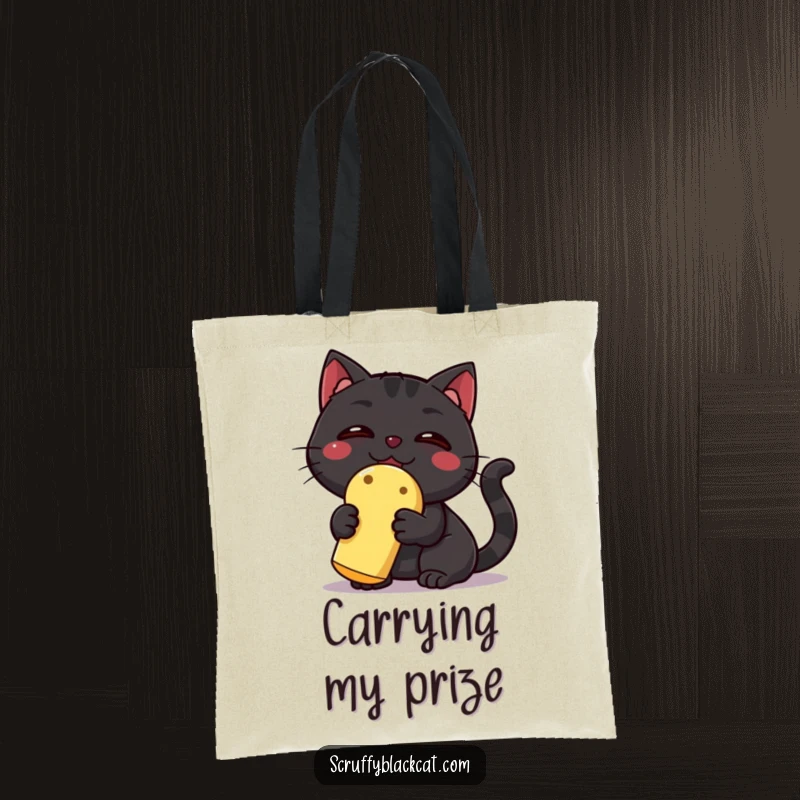 Funny Black Cat Tote Bag: A triumphant black cat proudly displays a squeaky toy, showcasing a hilarious victory for all to see.