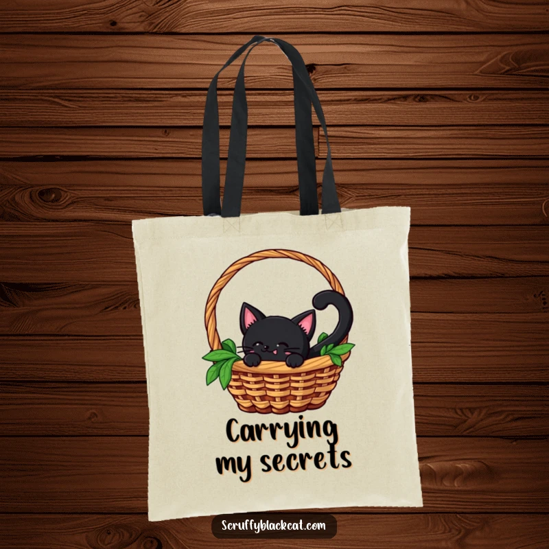 Funny tote bag with a black cat and a wagging tail peeking out from a basket, exuding curiosity and playful stealth.