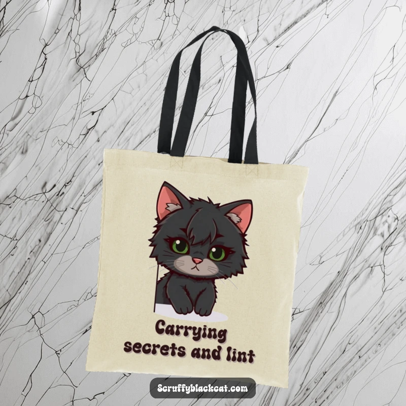 Funny scruffy black cat tote bag, peeking curiously around with one ear tilted, showcasing a playful spirit, ideal funny gift.