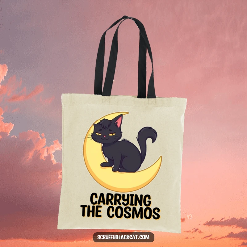 Funny tote bag with a scruffy black cat sitting on a crescent moon, smiling serenely, perfect for carrying essentials with celestial charm.