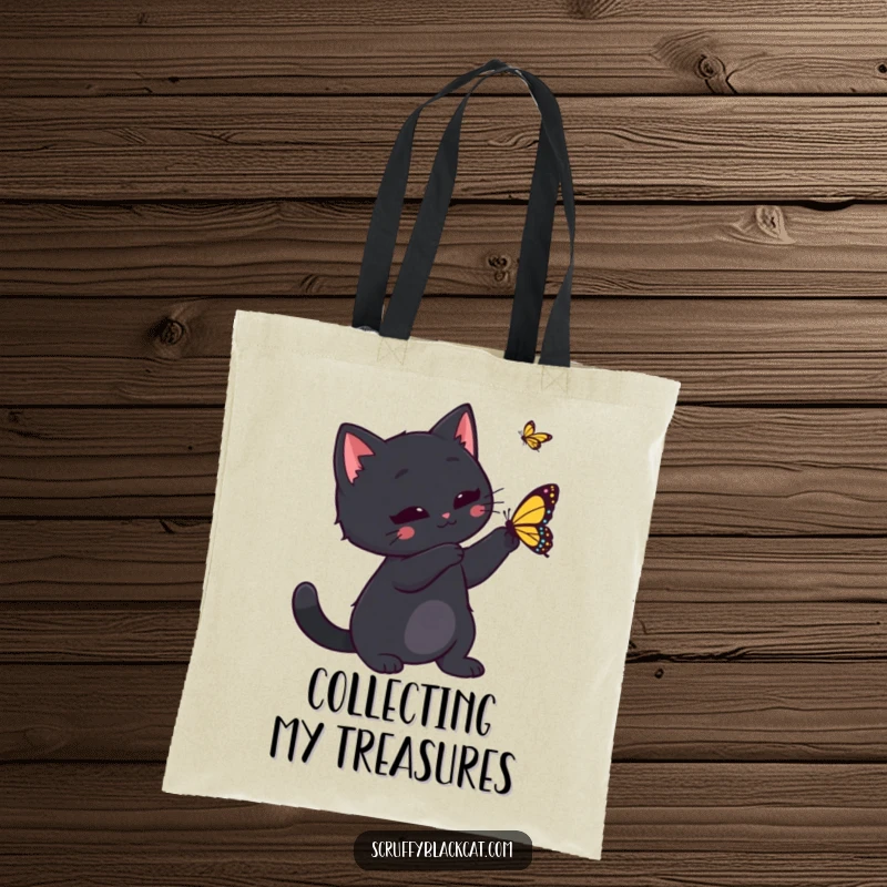 Funny black cat playfully swatting a butterfly, designed on a durable tote bag, bringing whimsical charm to your shopping trips.