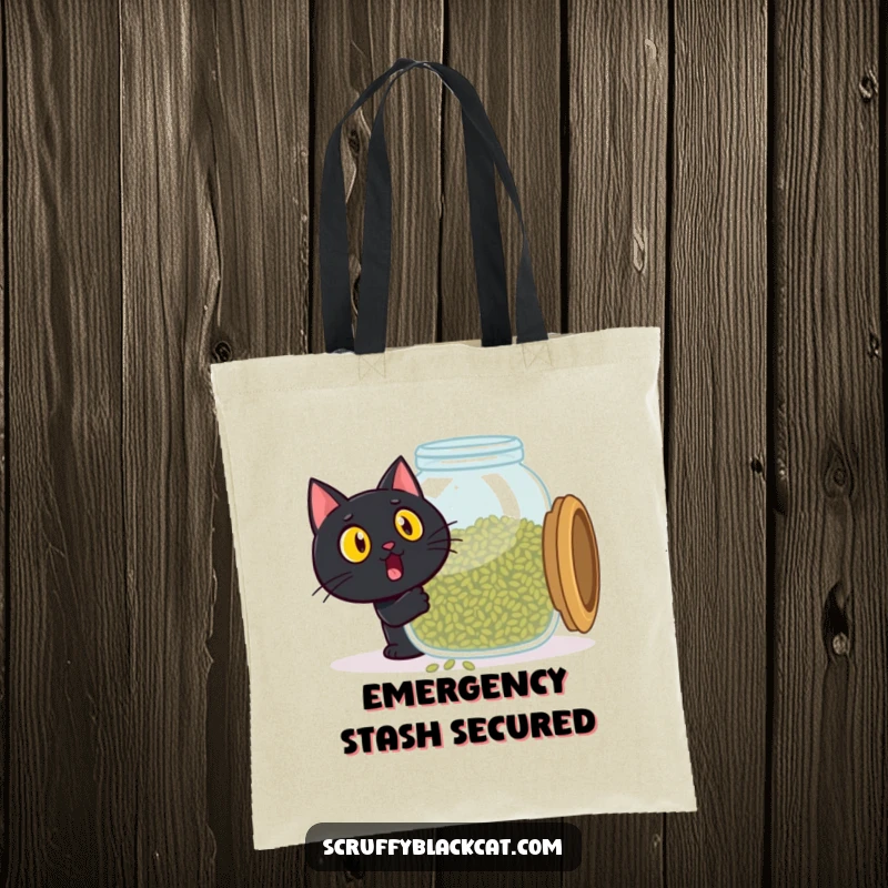 Funny black cat tote bag, surprised face opening massive catnip jar, pure joy, a wonderfully funny gift.