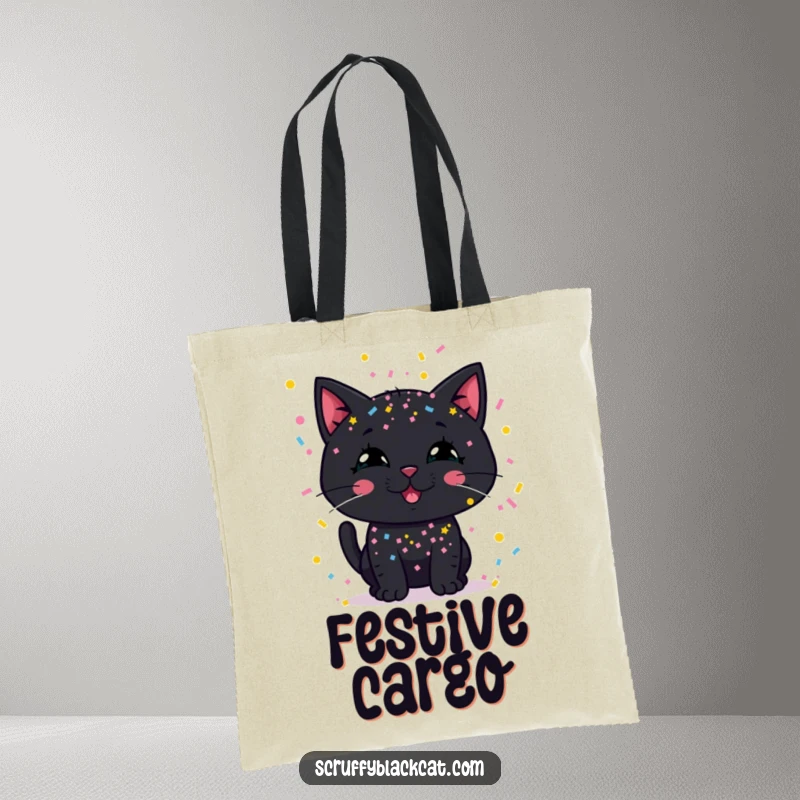 Funny tote bag showing a black cat with a silly grin, covered in a blizzard of confetti.