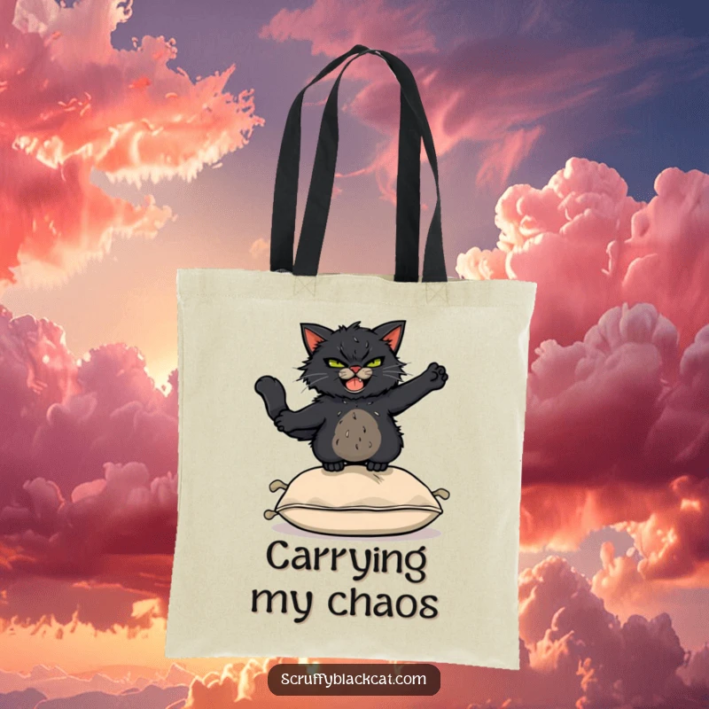 Funny Tote Bag: Scruffy black cat with a mischievous grin leaping acrobatically over a cushion, ready for adventure.