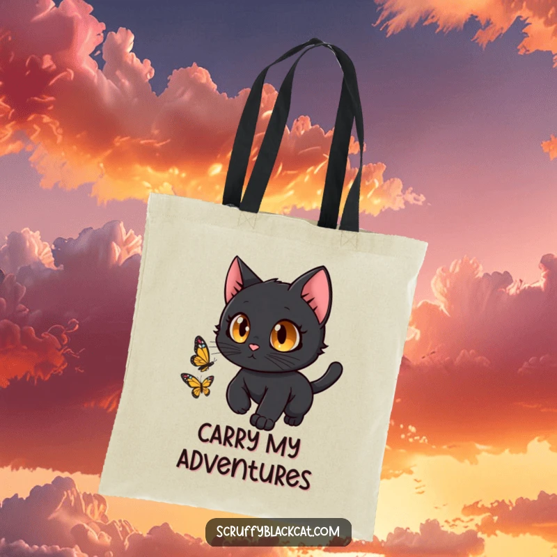 Funny black cat with wide, curious eyes pursuing a butterfly on a durable, stylish tote bag.