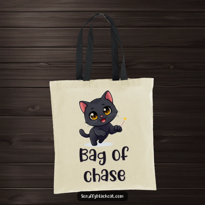 Funny Black Cat Tote Bag: A delighted black cat's eyes are fixated on a red laser dot, depicted in a humorous, energetic chase scene.