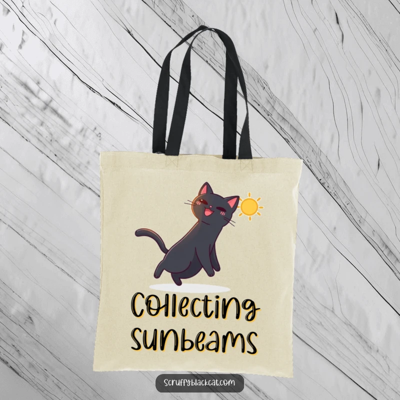 Funny tote bag illustrating a black cat joyfully chasing a vibrant, dancing sunbeam, perfect for carrying daily essentials.