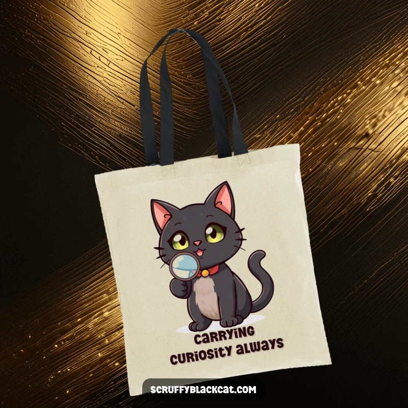 Funny black cat tote bag, holding a magnifying glass, looking up with keen interest, a stylish and humorous accessory for mystery enthusiasts, a great gift.