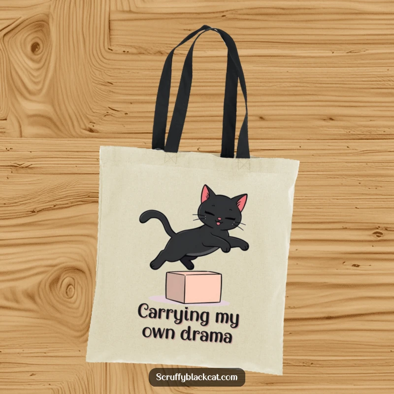 Funny black cat tote bag illustrating a black cat mid-leap, playfully clearing a small, colorful obstacle with a mischievous glint.