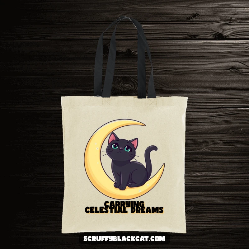 Funny bold black cat tote bag depicting a regal cat on a crescent moon, looking upwards, perfect for everyday use.