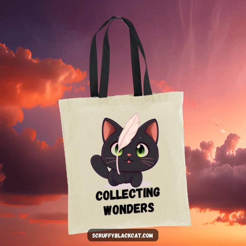 Funny cat tote bag with a black cat showing wide, amazed eyes focused on a floating feather.