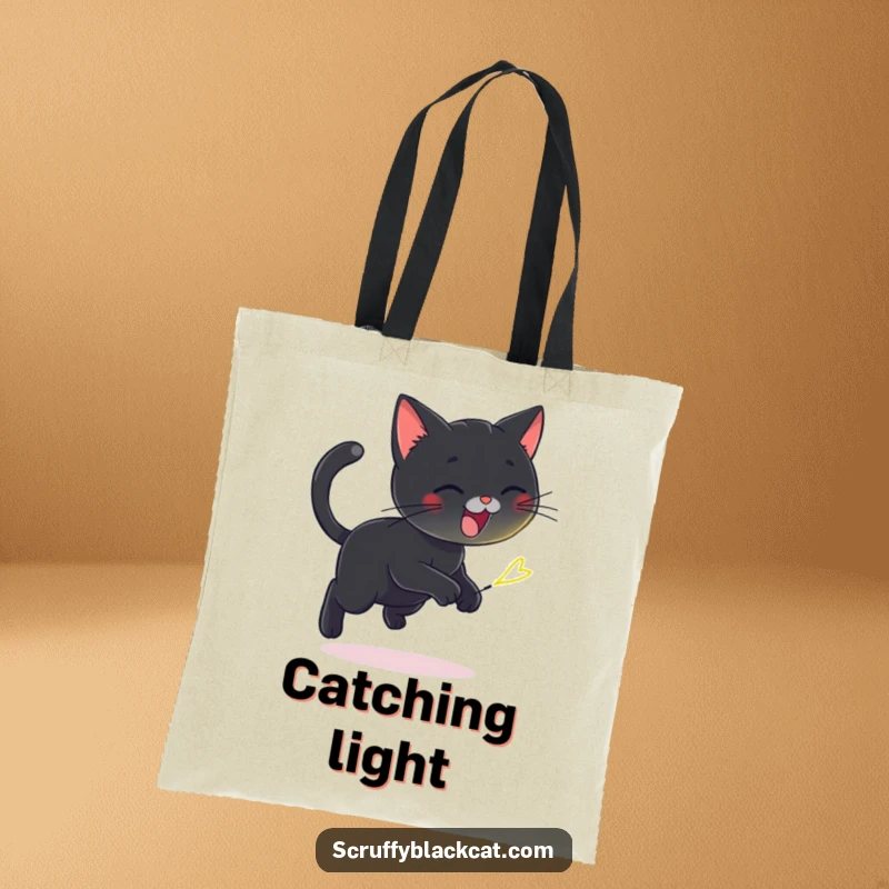 Funny tote bag with a playful black cat chasing a tiny, flickering firefly, perfect for carrying essentials with charm.