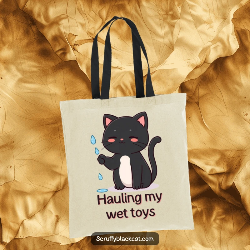Funny Cat Tote Bag featuring a black cat sitting upright, playfully batting at a falling raindrop, a cute and functional accessory, a great funny gift.