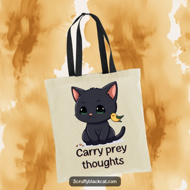 Funny Cat Tote Bag featuring a curious black cat intently eyeing birdseed, a fun and functional accessory, a great funny gift.