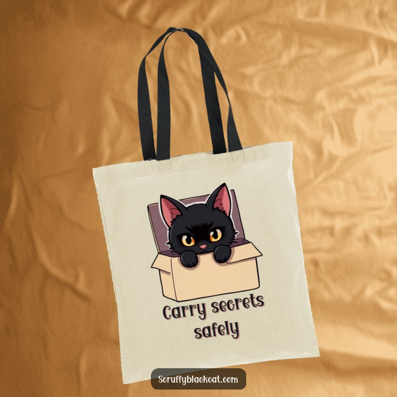 Funny Cat Tote Bag showcasing a mischievous black cat peeking from a box, eyes gleaming, perfect for carrying essentials with mystery.
