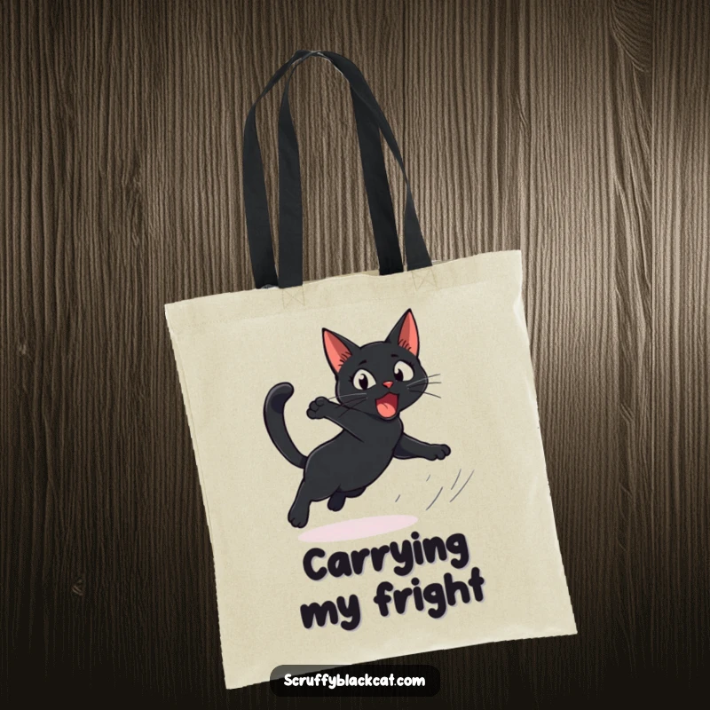 Funny Cat Tote Bag showcasing a startled black cat comically leaping, perfect for carrying essentials with a humorous surprise.