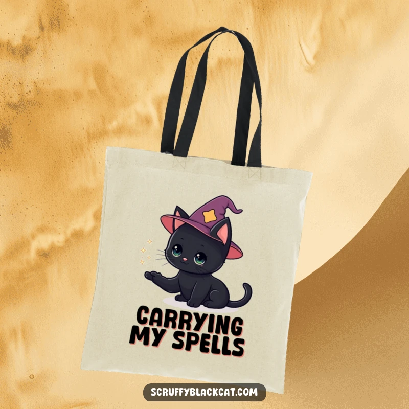 Funny cat tote bag showing a black cat wearing a wizard hat, conjuring a sparkly magic puff.