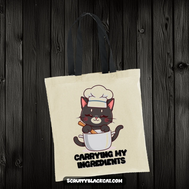 Funny tote bag featuring a chef cat stirring a pot, perfect for carrying items with humorous culinary style.