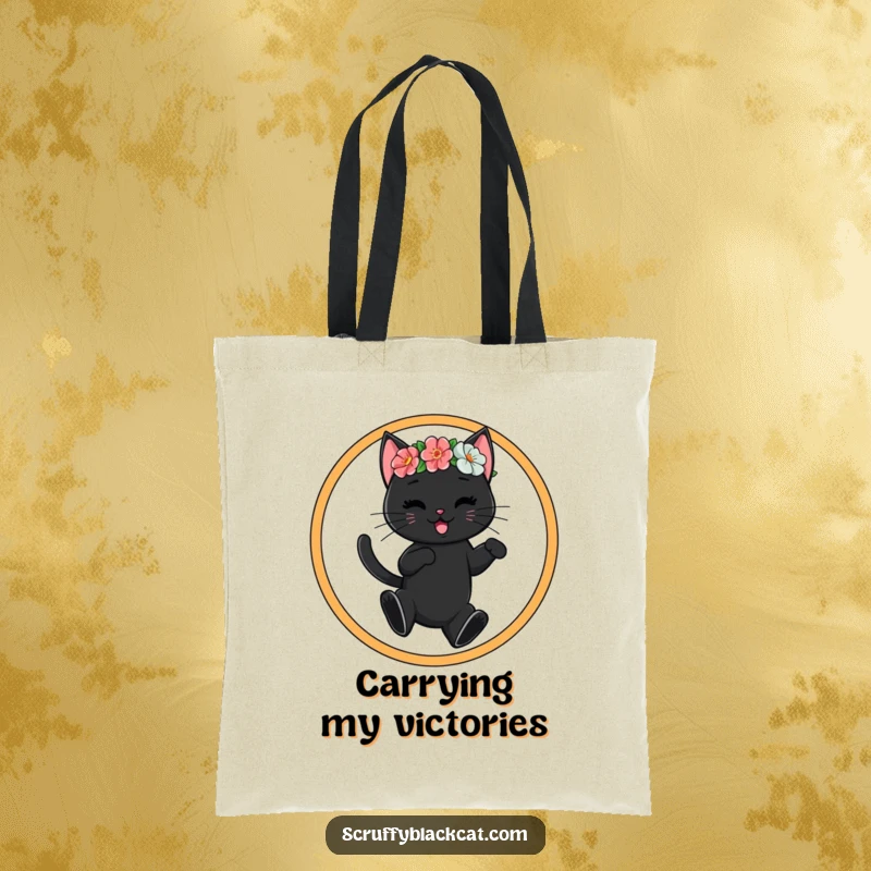 Funny black cat adorned with a flower crown, mid-air through a hoop, showcased on a durable tote bag for humor on the go.