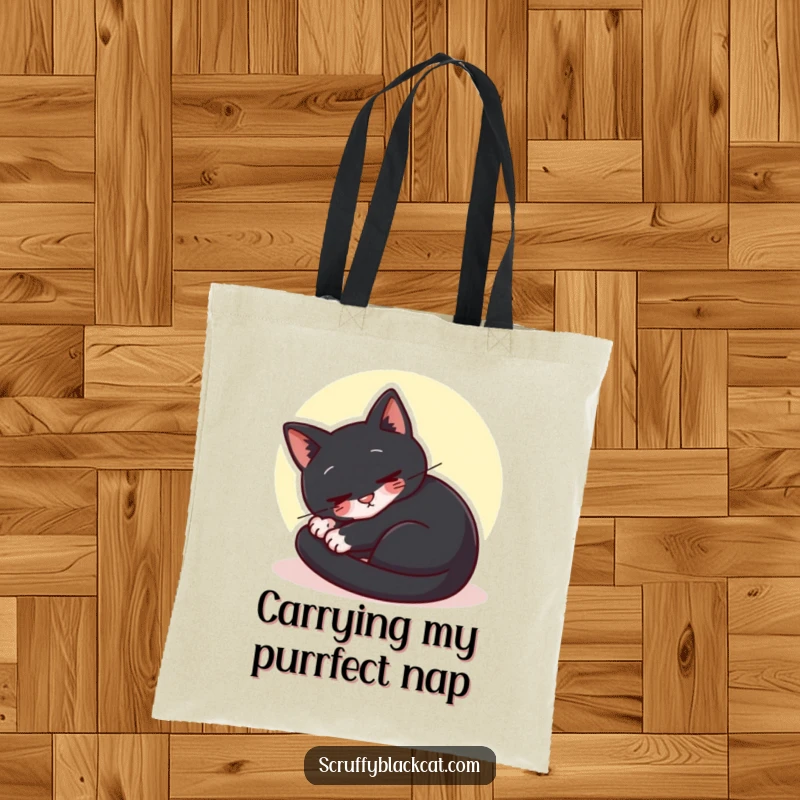 Funny black cat tote bag showing a cat curled up purring contentedly in a sunbeam, a humorous and relaxing accessory.