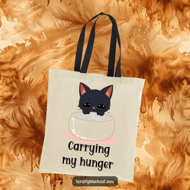 Funny black cat tote bag showing a cat meowing at an empty bowl, a humorous accessory for devoted cat owners.