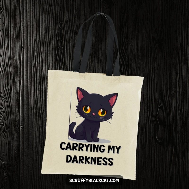Funny tote bag with a black cat whose bright, glowing eyes are visible as it peeks from a dark, shadowy corner.