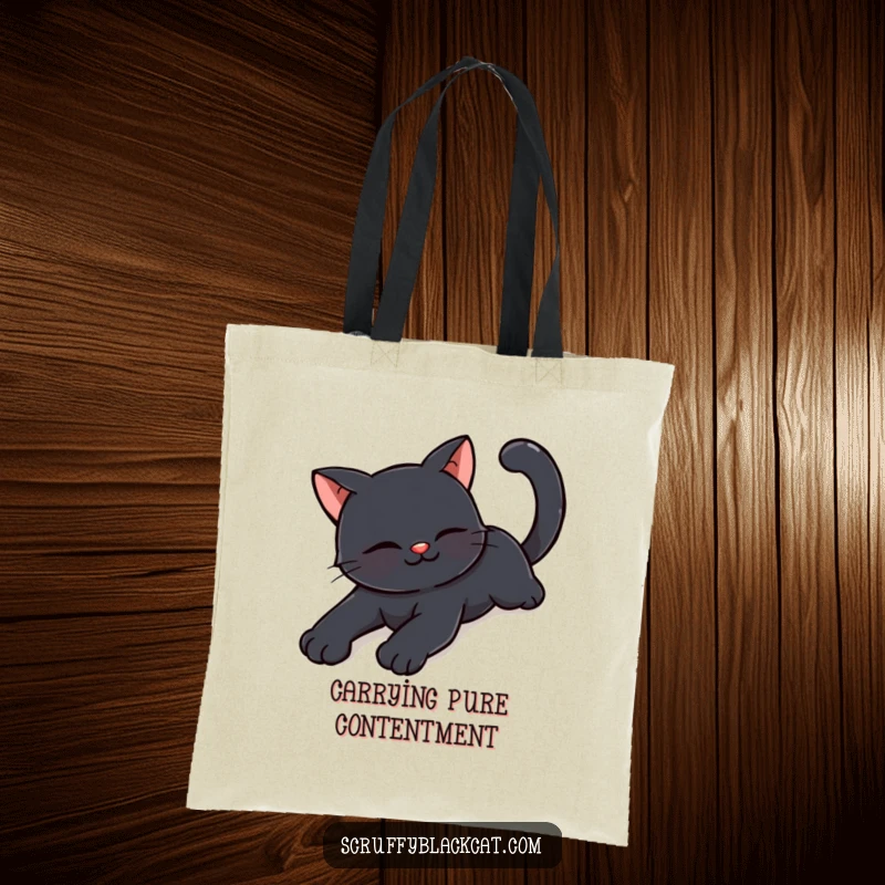 Funny happy black cat tote bag showing a cat stretching with a tiny, content smile, perfect for carrying daily essentials.