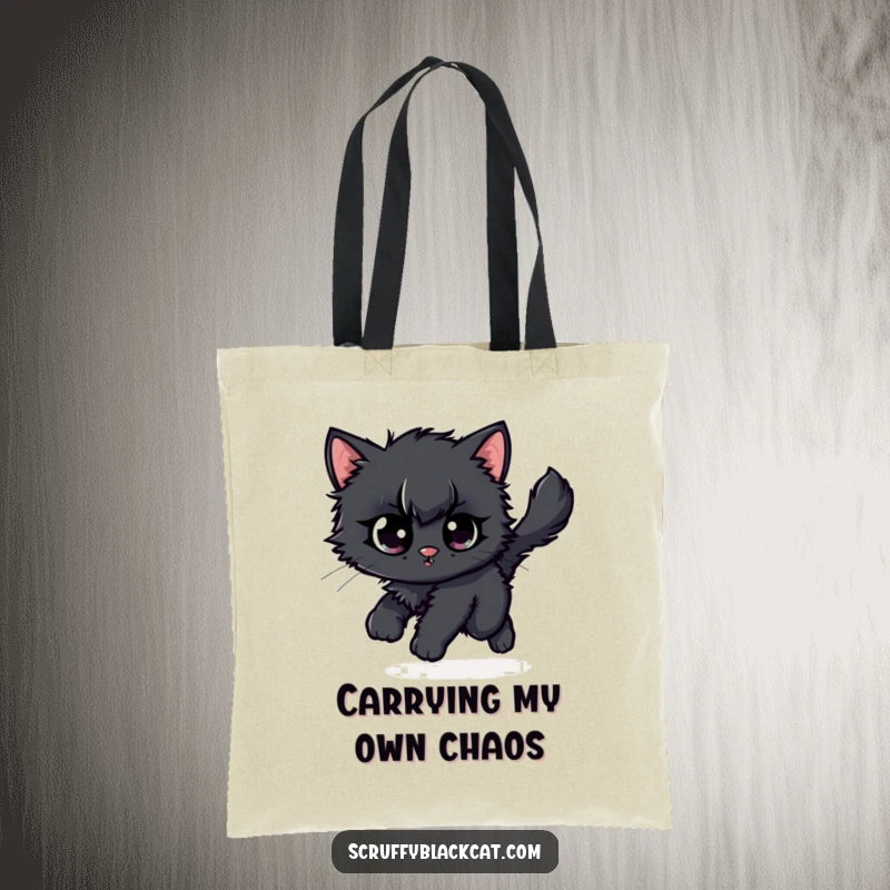 Funny black kitten tote bag, illustrated chasing its own fluffy tail with comical, wide-eyed intensity and a hint of dizziness.