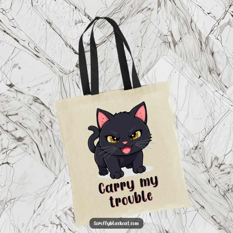 Funny Black Cat Tote Bag: A mischievous black cat grins slyly, poised to pounce, making it a humorous accessory.