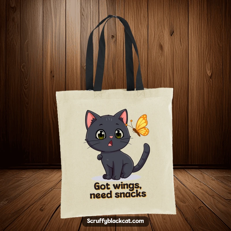 Funny Tote Bag: A black cat with a surprised expression chasing a fluttering butterfly, perfect for carrying daily essentials with humor.