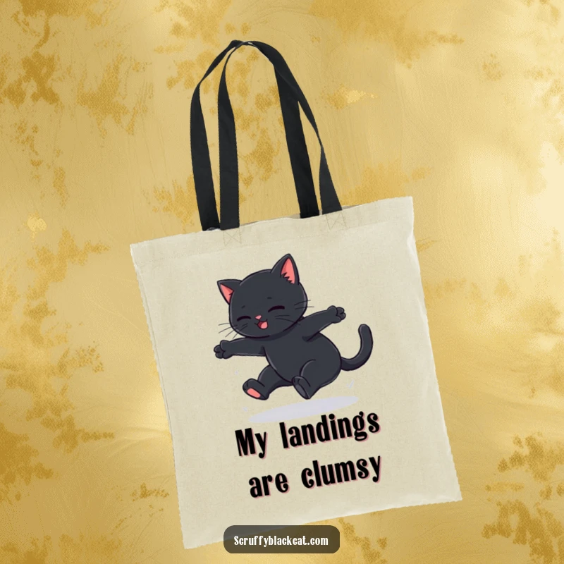 Funny black cat tote bag illustrating a failed leap's soft thud, a humorous and practical accessory for cat enthusiasts.