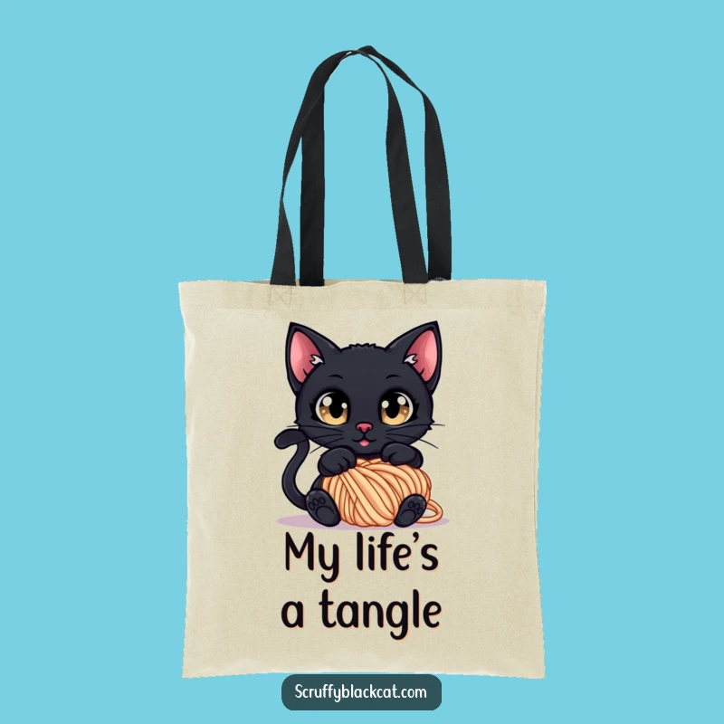 Funny Tangled Cat Tote Bag: Curious Black Cat in Yarn, Practical Funny Gift