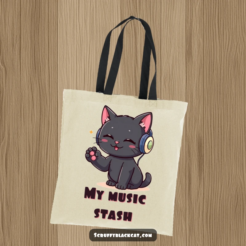 Funny tote bag with a black cat donning headphones and tapping its paw, embodying musical passion and feline coolness.