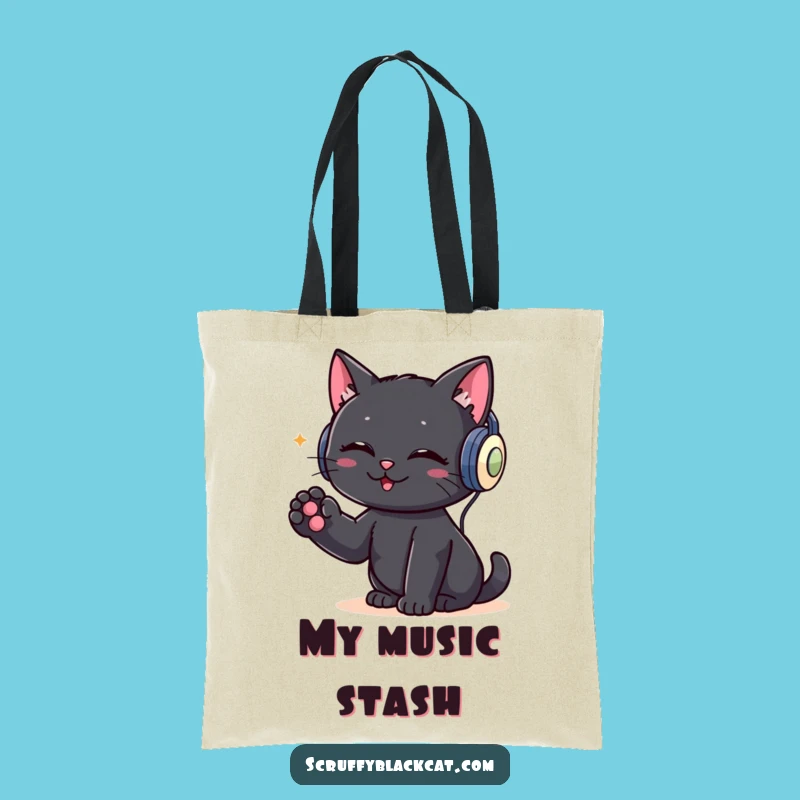 Funny DJ Cat Tote Bag: Black Cat Headphones, Practical Music Gift