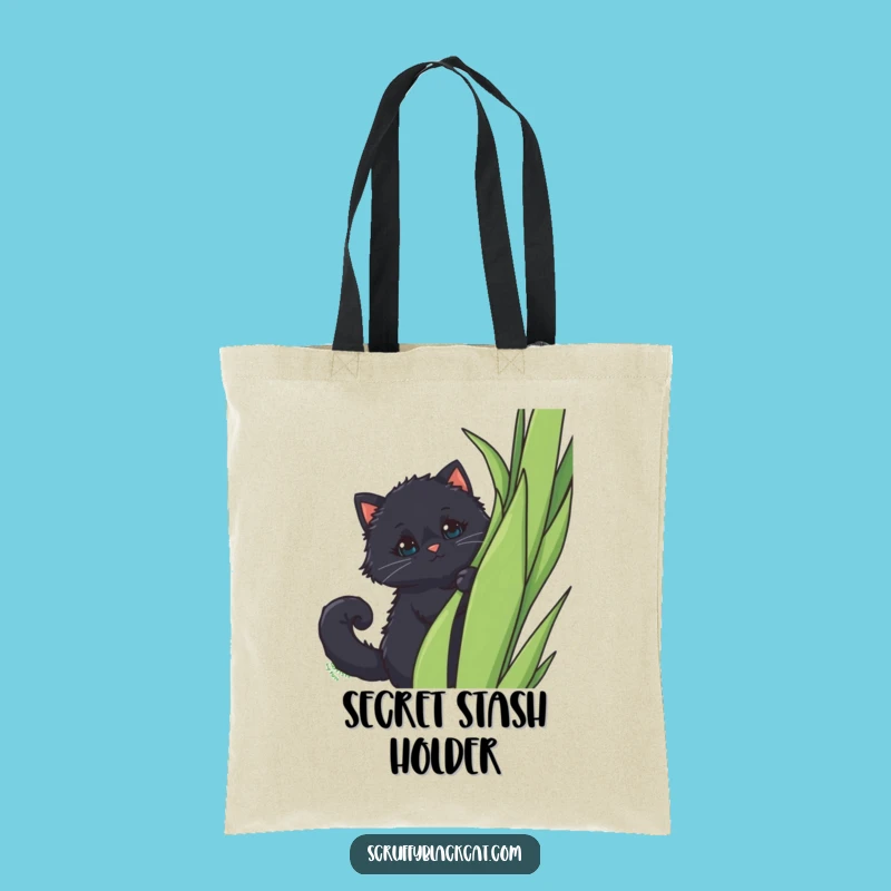 Funny Peek-a-Boo Cat Tote Bag: Fluffy Black Cat Behind Plant, Cute Funny Gift